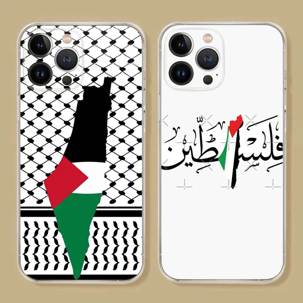 "غطاء آيفون فلسطيني - تصميم خارطة فلسطين والعلم والكوفية"