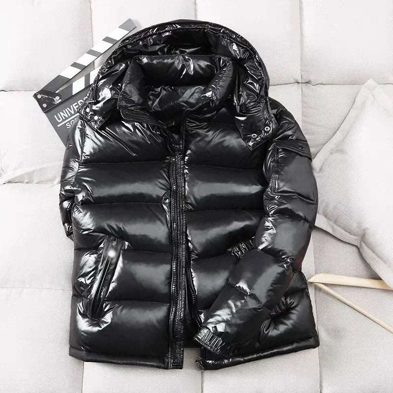 "Stylish Winter Shiny Hooded Puffer – Warm, Windproof, and High-Quality Duck Down Comfort!"